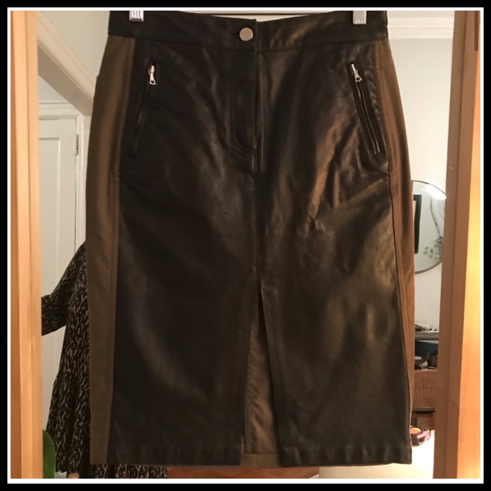 MW Lambskin Leather Army Green Canvas MIDI Skirt - Picture 7 of 11
